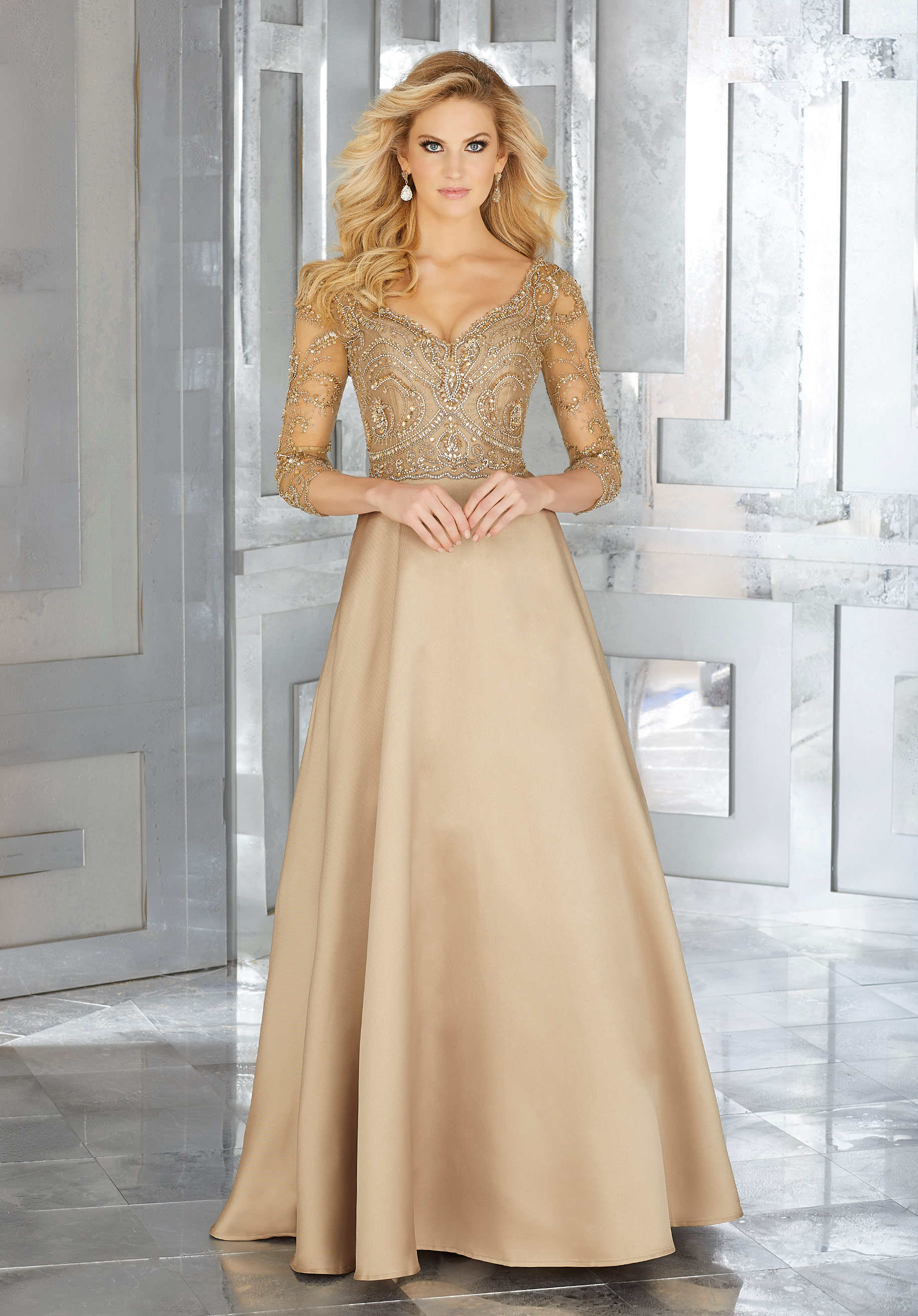 Form Fitting Special Occasion Gown with Beaded Embroidery on Crepe